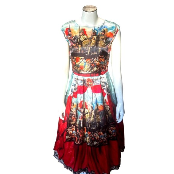 CCC Silk Cotton Medium Knights Scene Print Fit And Flare Midi Dress Italian Art - Picture 2 of 11